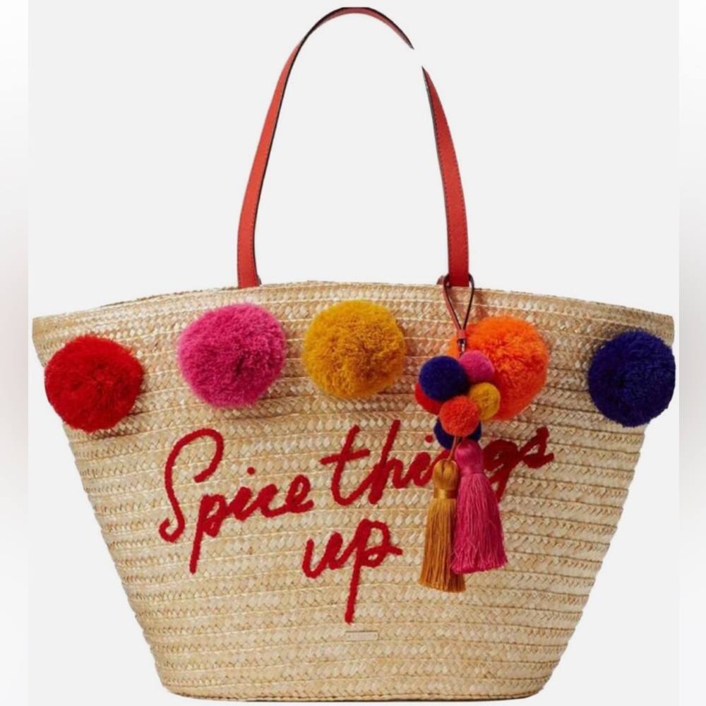 NWT kate spade large pom markets spice things up straw tote